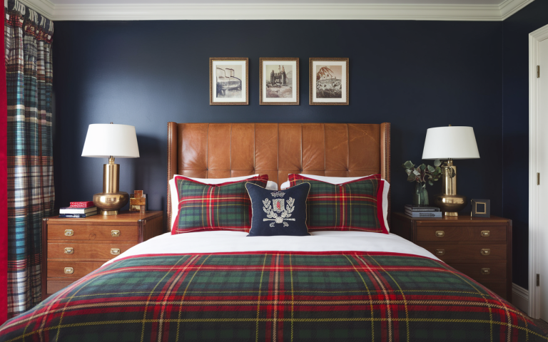 beautiful clean Bedroom with red and green tartan plaid bedding, crest pillow, dark blue walls, leather headboard, wood side tables with brass lamps, rich layered textures, classic Ralph Lauren home style